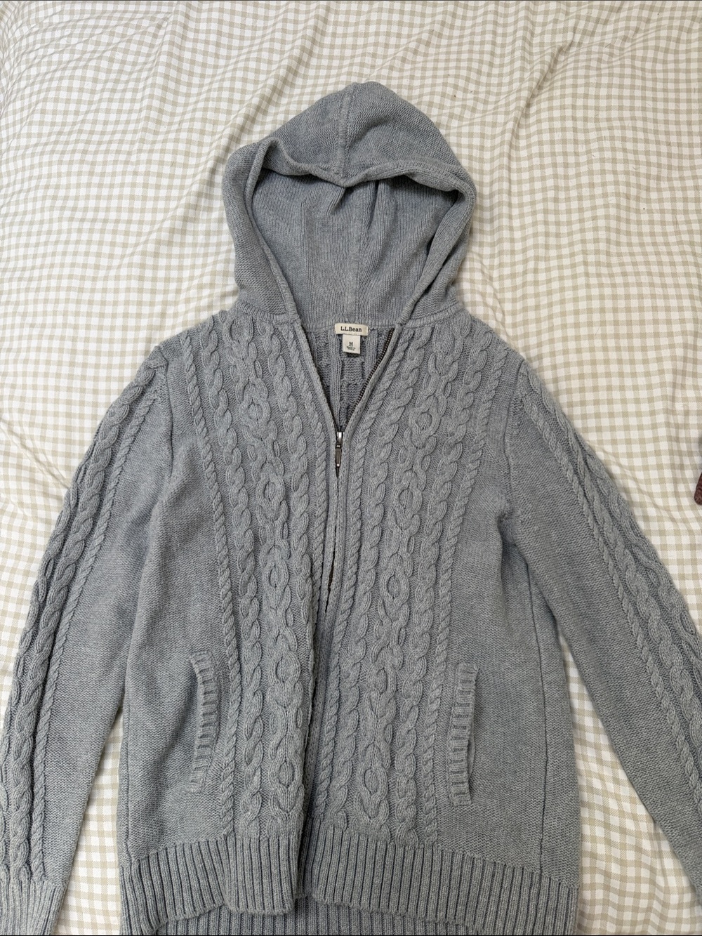 L.L. Bean women's Gray Cable-Knit Hooded Sweater - Zip Front